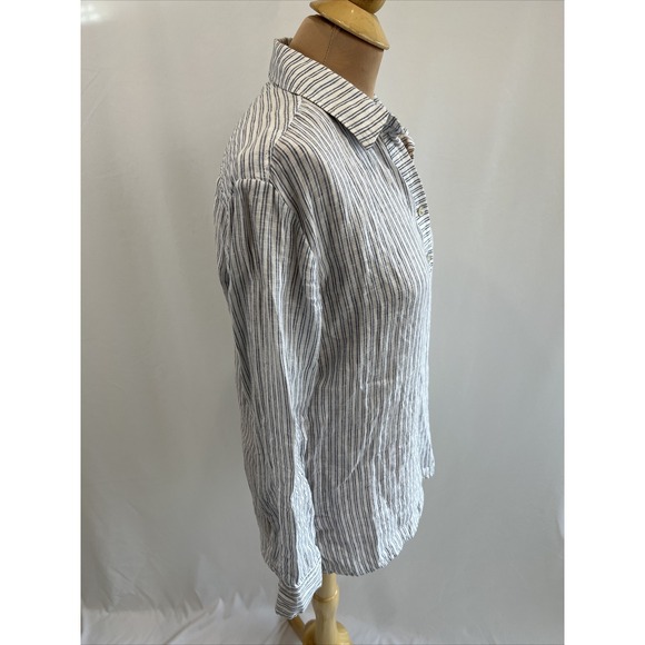 Roots Canada Womens Linen Popover Size XS Blue & White Striped Top Beach Coastal - Picture 6 of 9